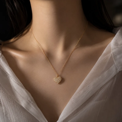 Gold Crystal Heart Charm Necklace